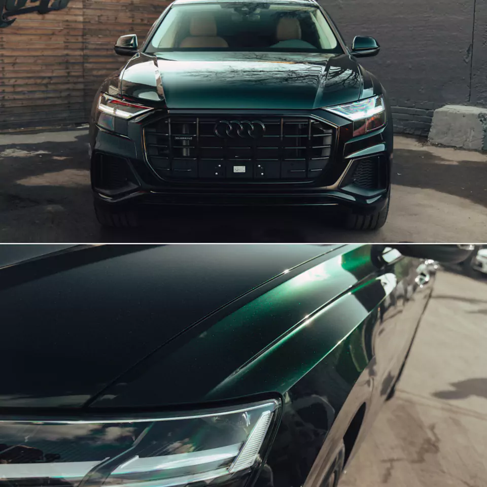 Месяц работы над новым Audi Q8, который 2 года простоял в Дубае! Оклейка в цветной полиуретан с проемами, окрас дисков и фирменный шиномонтаж, окрас суппортов в candy с лого, антихром, детейлинг